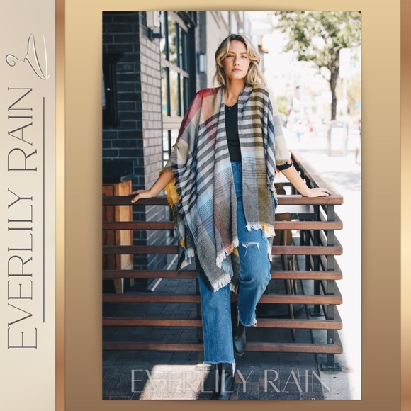 CLEARANCE! LAST 1 Colorful Plaid Wrap Style Poncho - Picture 2 of 12